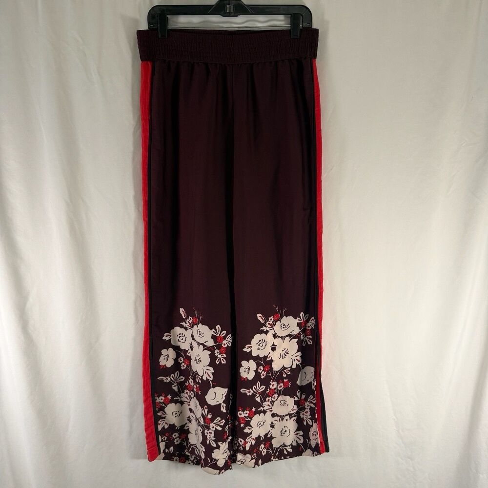 Aerie Wide Leg Pants Women's Medium Burgundy Floral Pull On Side Slit
